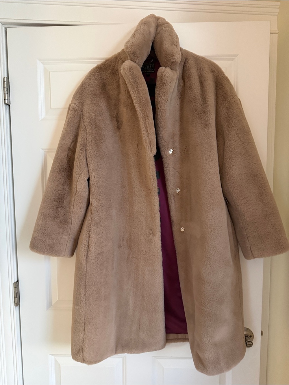 Guess Taupe Teddy Faux Fur Coat